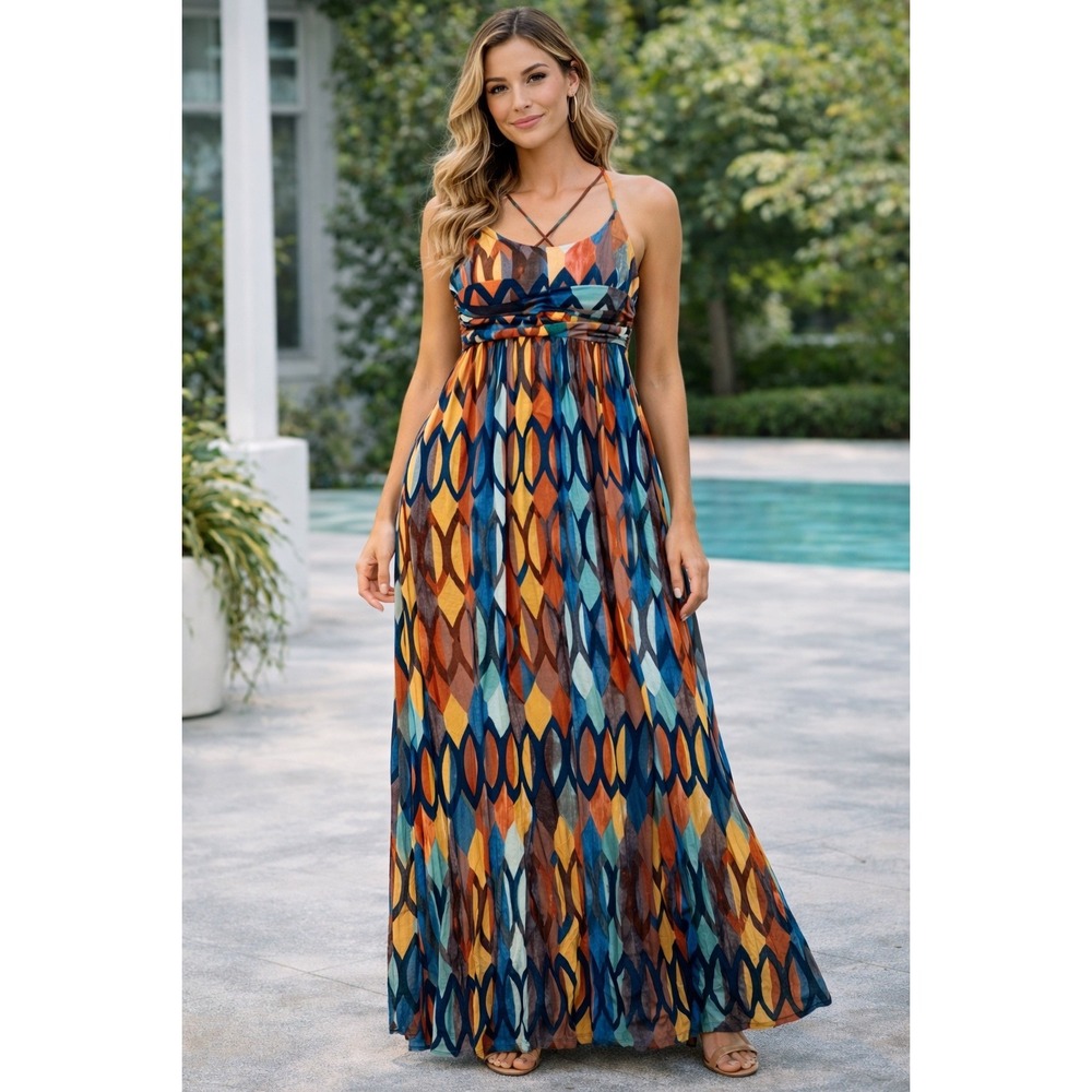 Maeve Anthropologie Geometric Print Crisscross Strap Maxi Dress XS